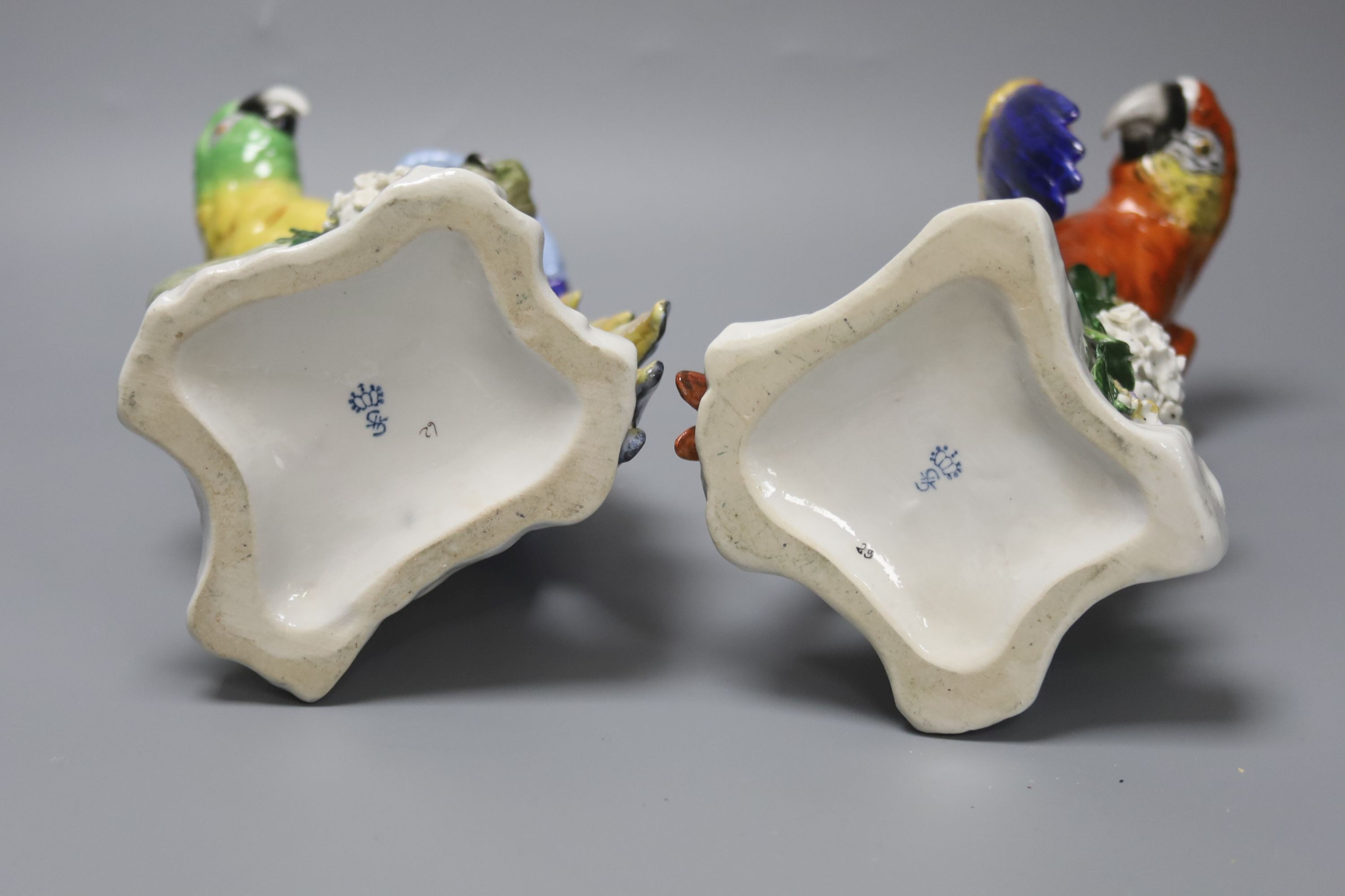 A pair of Sitzendorf porcelain models of parrots 32cm